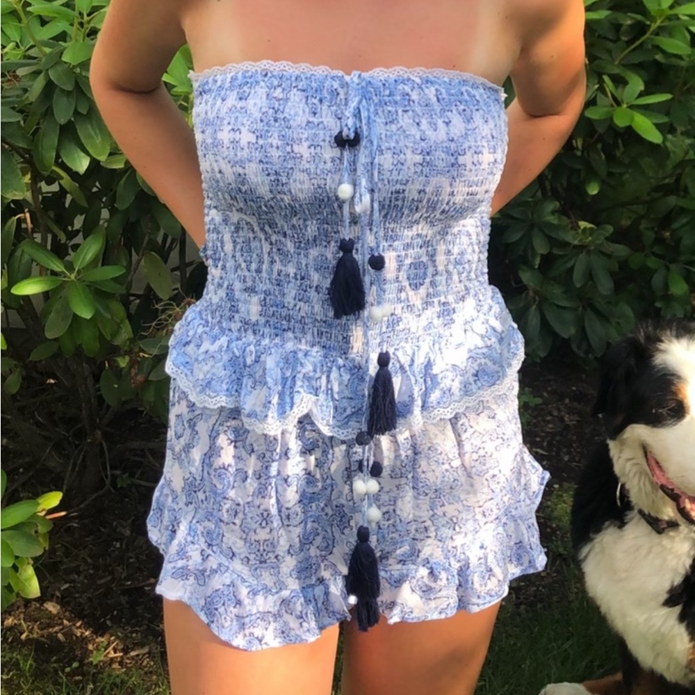 Surf Gypsy Blue Strapless Romper with Tassels